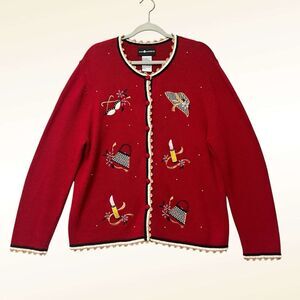 Vintage Sag Harbor Embroidered Cardigan Size Large Red Ramie Feminine Novelty